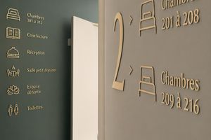 Signalétique hôtel — Plaques de chambre / Panneaux directionnels / Accroches-porte